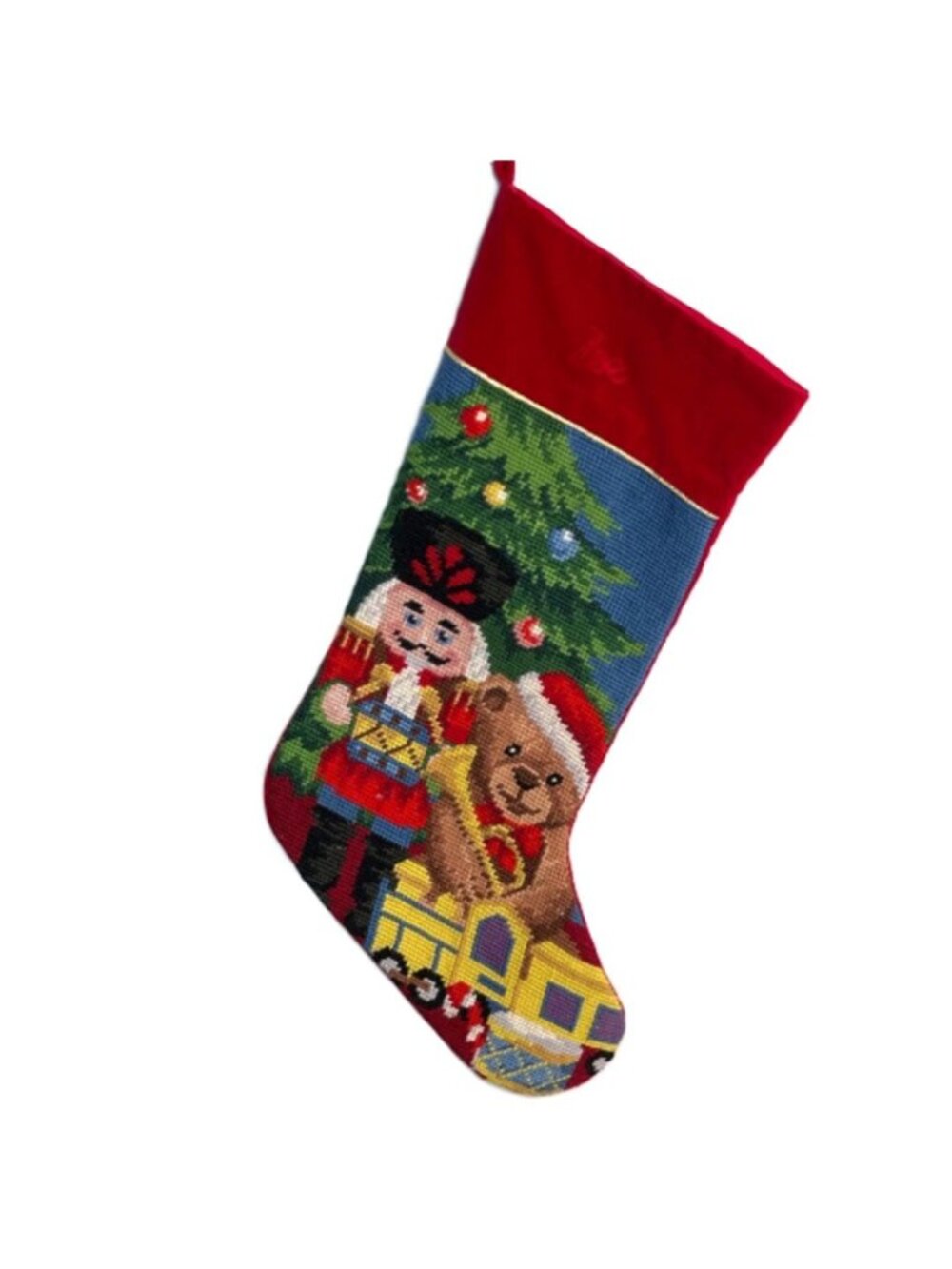 Vintage Wool Needlepoint Stocking Christmas Tree and Toys17" Red Velvet